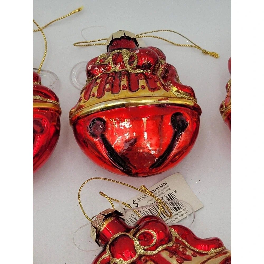 Set Of 11 Blown Glass‎ Ornaments Red And Gold Bell Shaped Christmas Ornaments